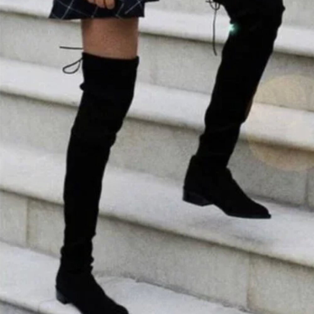 CHARLES DAVID GAMMON BLACK STRETCH SUEDE FLAT OVER THE KNEE BOOTS